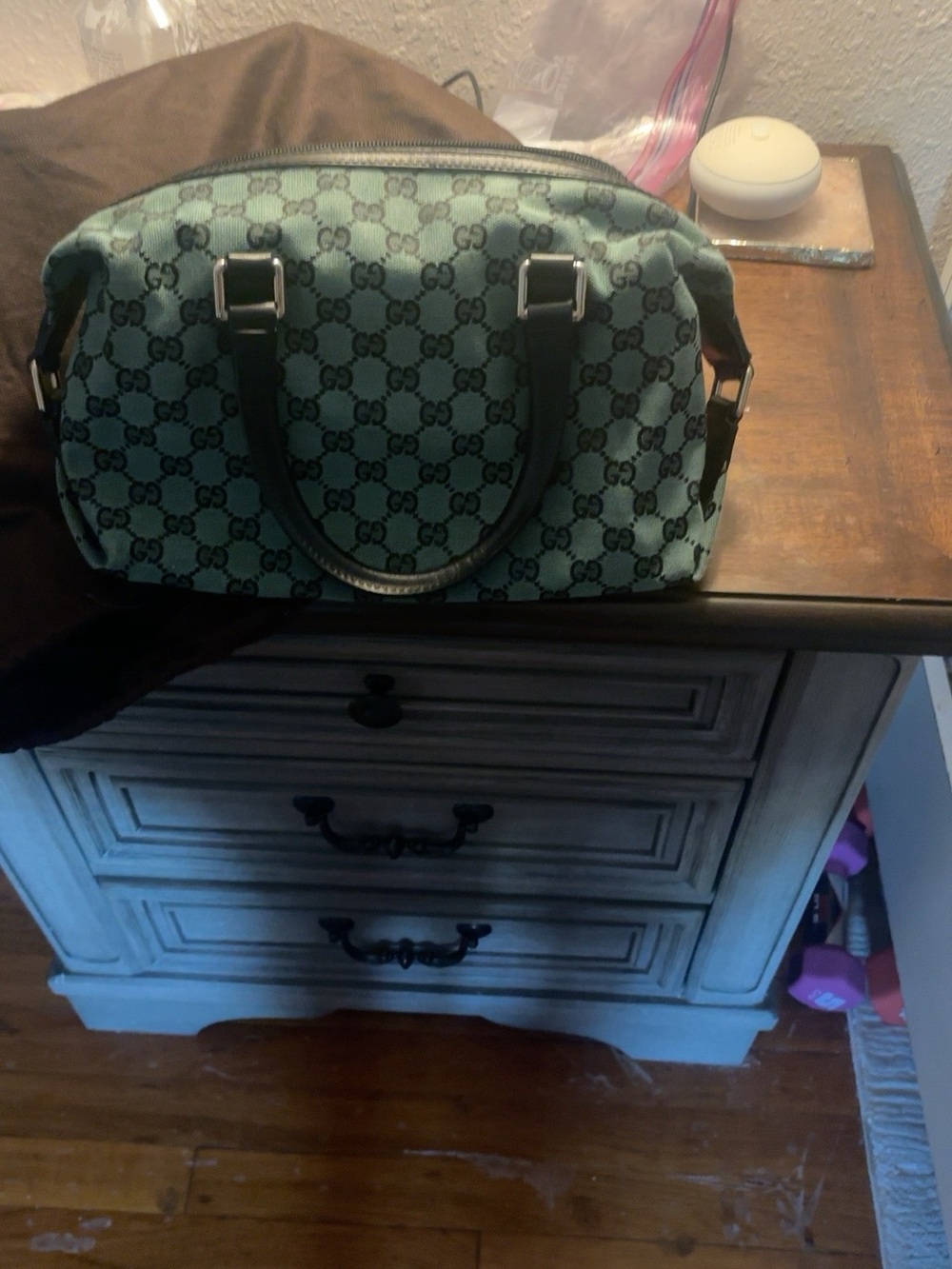 Gucci Mini Tote in Green GG Canvas with Black Leather Trim